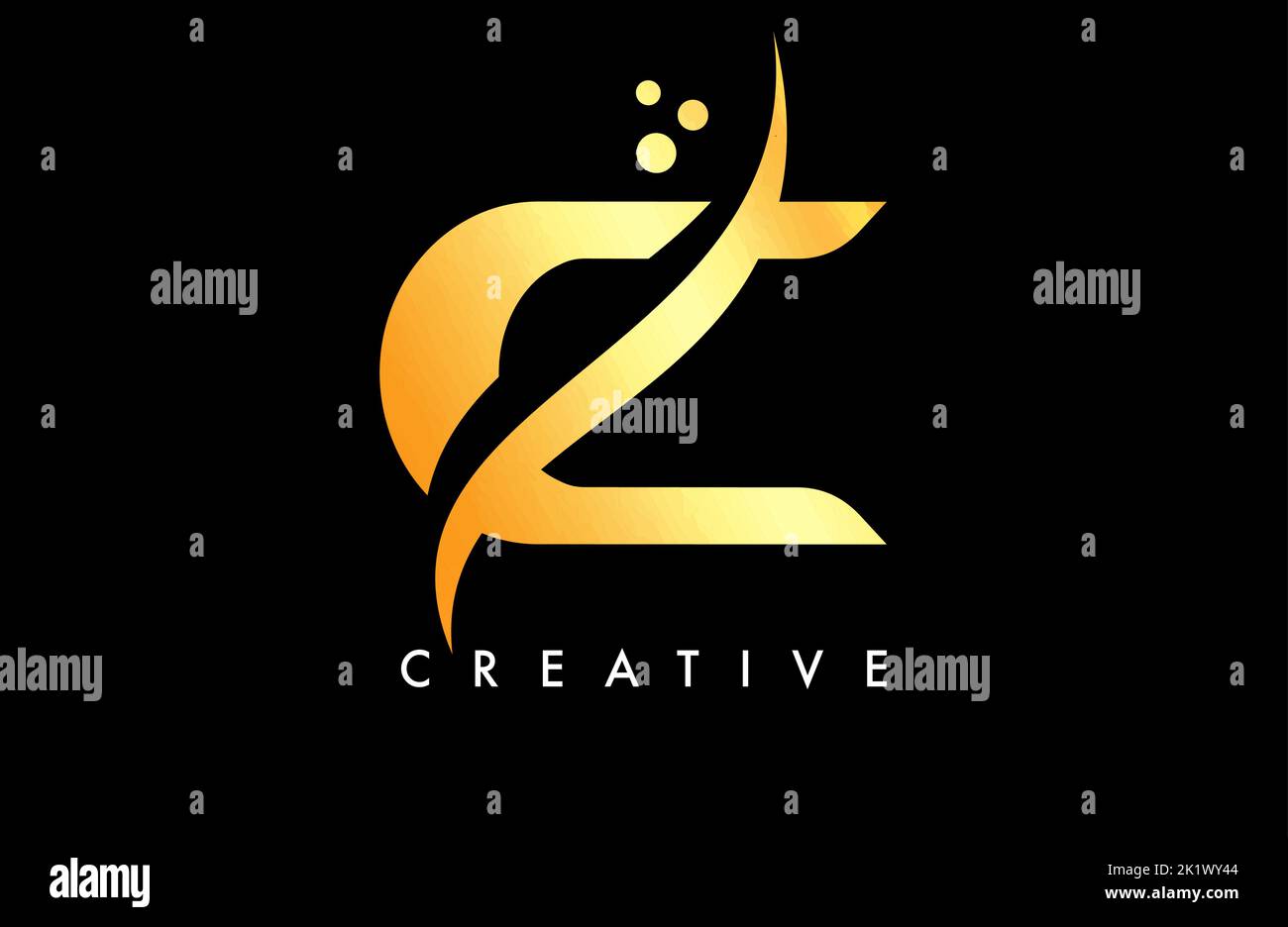 Golden C Letter Logo Design with Elegant Creative Swoosh and Dots ...