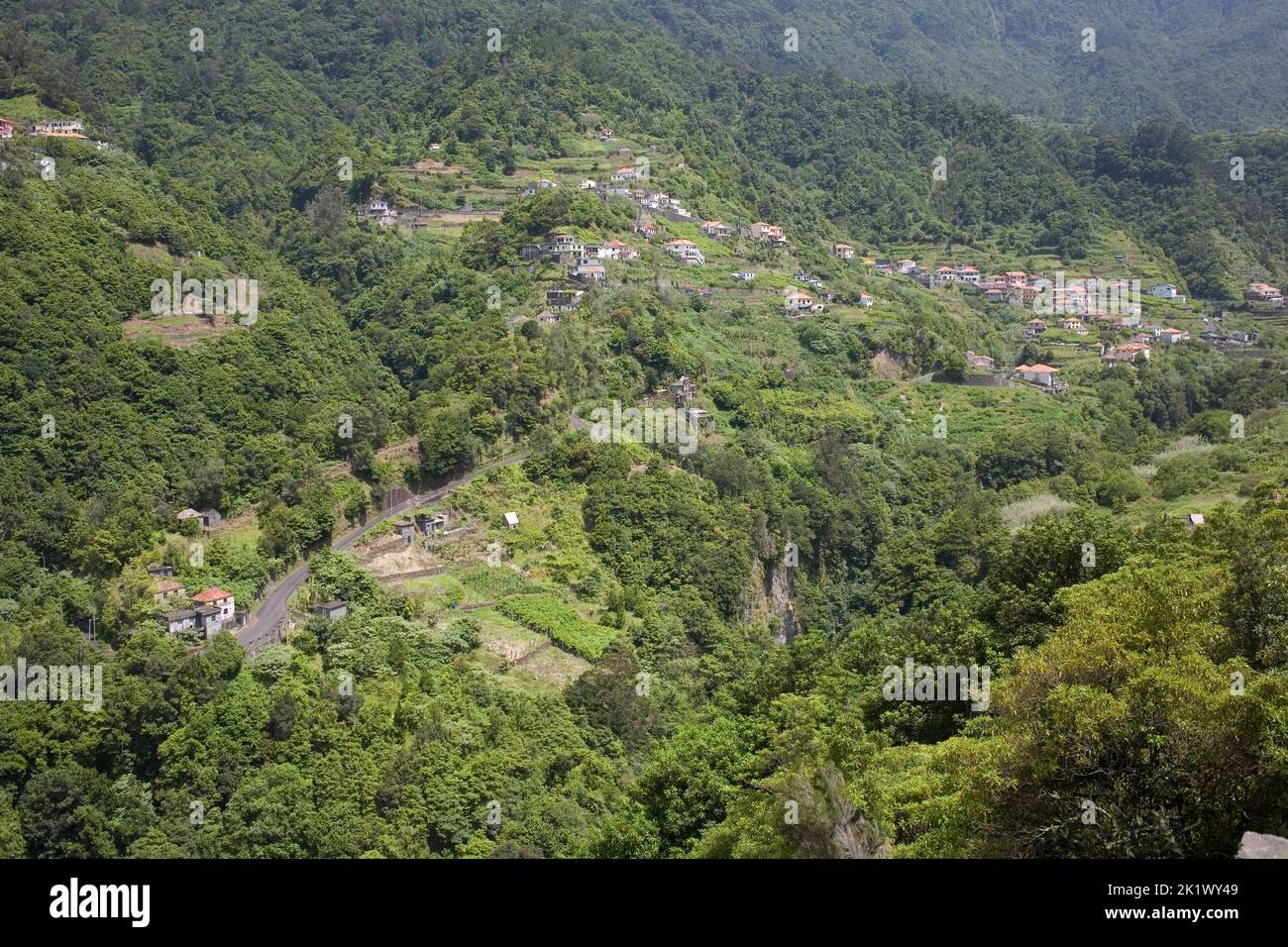 Luxuriant greenery in high summer near Boaventura with the village Achadinha set on the hillside Stock Photo
