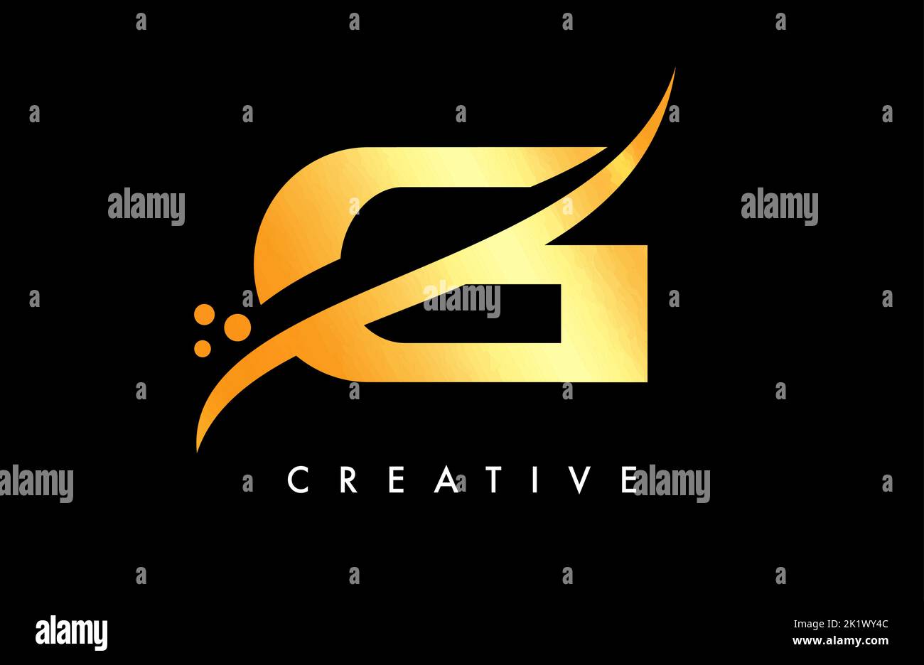Golden G Letter Logo Design with Elegant Creative Swoosh and Dots ...