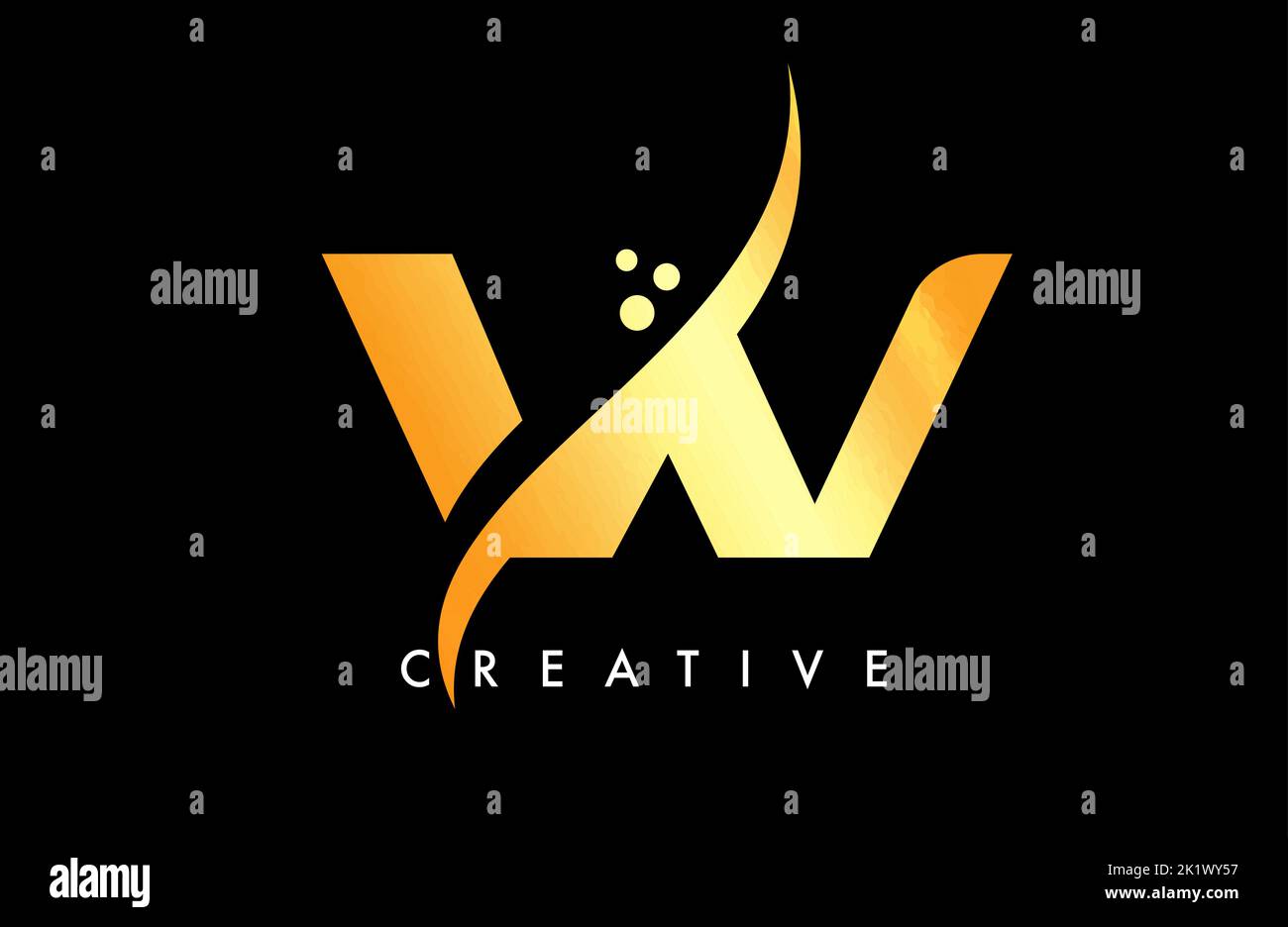 Golden W Letter Logo Design with Elegant Creative Swoosh and Dots ...