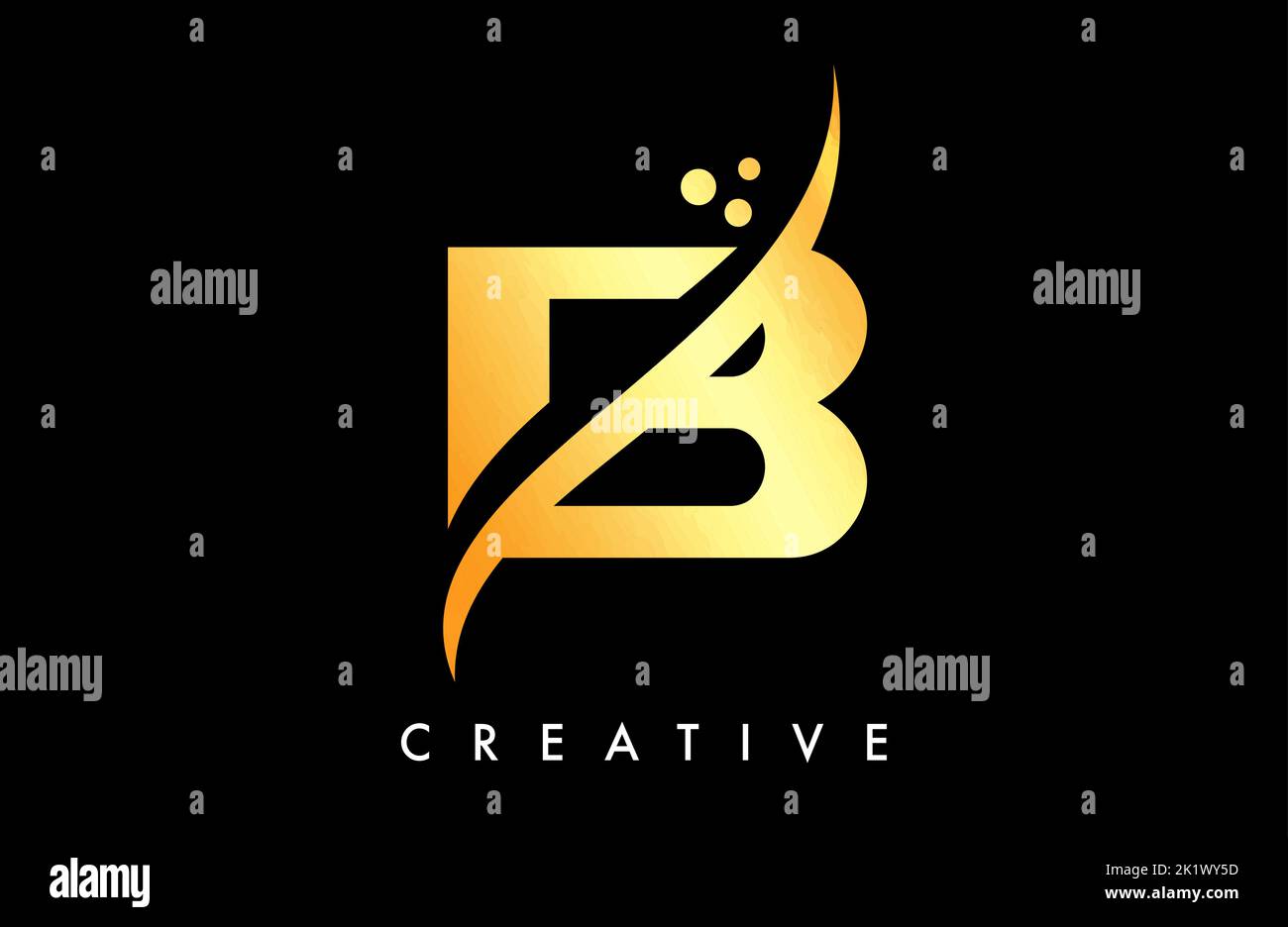 Golden B Letter Logo Design with Elegant Creative Swoosh and Dots ...