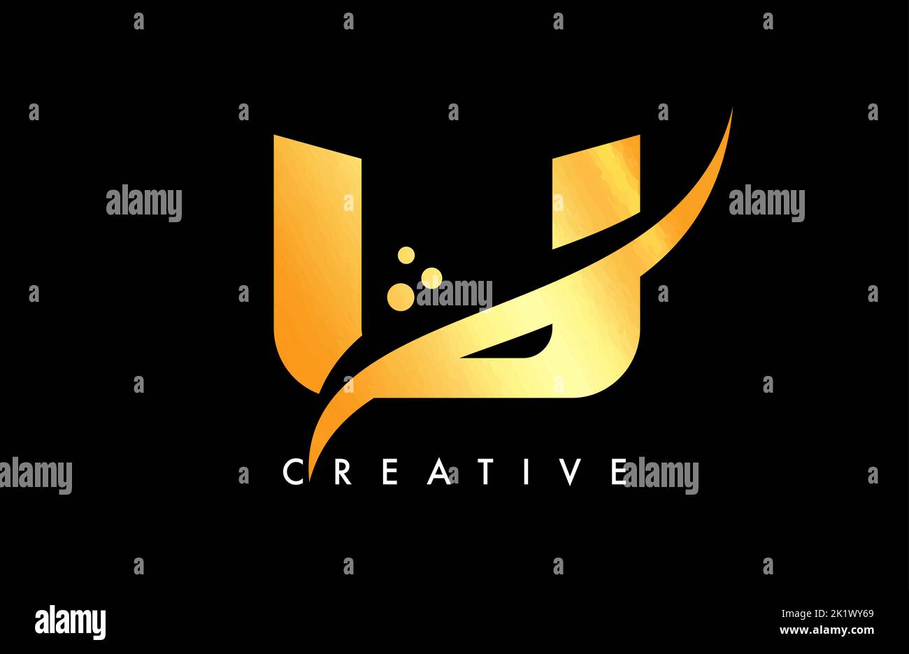 Golden U Letter Logo Design with Elegant Creative Swoosh and Dots ...