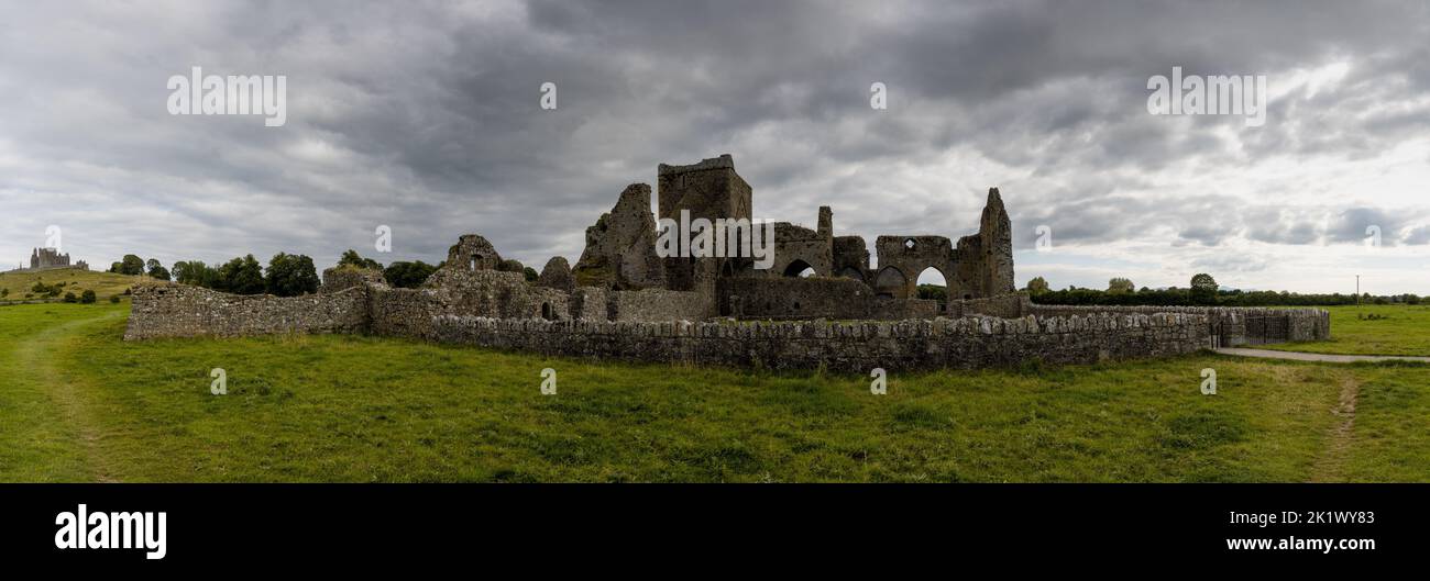 Cashel, Ireland - 17 August, 2022: panorama view of the Cistercian Hore Abbey ruins near the Rock of Cashel in County Tipperary of Ireland Stock Photo