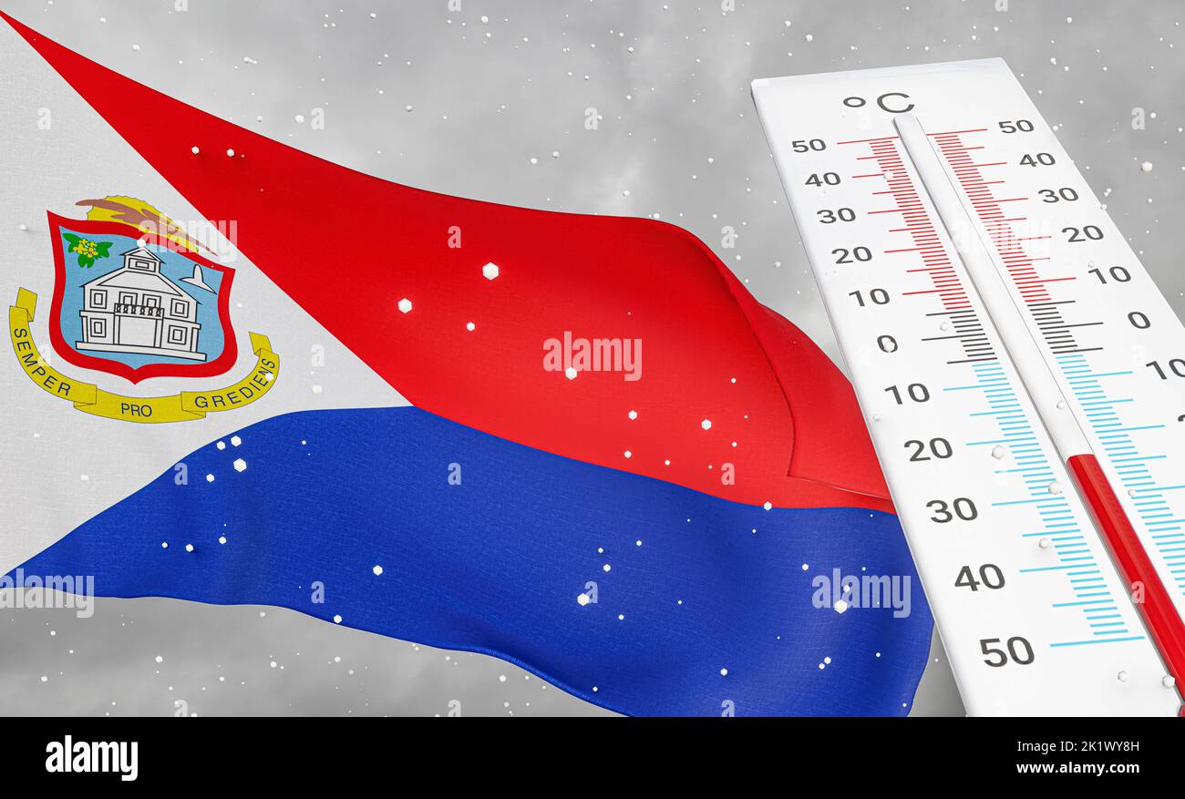 Winter in Sint Maarten with severe cold, negative temperature, Cold season in Sint Maarten, cruelest coldest weather in Sint Maarten, Flag Sint Maarte Stock Photo