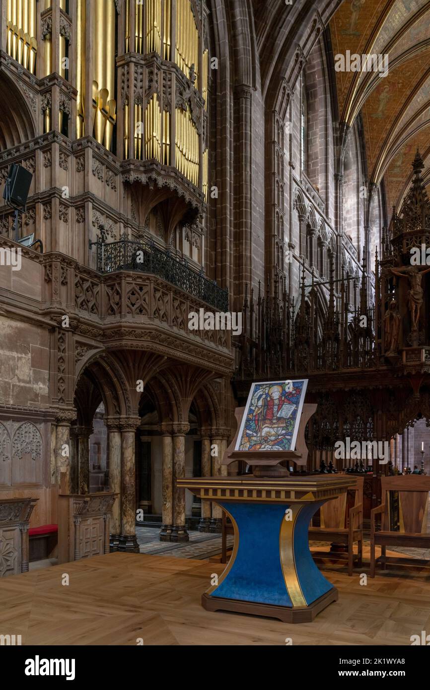 Chester, United Kingdom - 26 August, 2022: side altar and the church organ in the historic Chester Cathedral in Cheshire Stock Photo