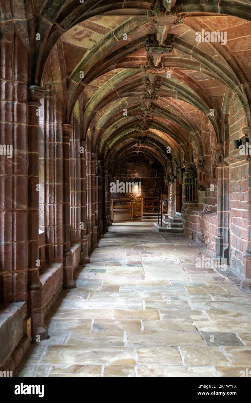 Chester, United Kingdom - 26 August, 2022: vertical view of the cloister hallway in the courtyard of the historic Chester Cathedral Stock Photo