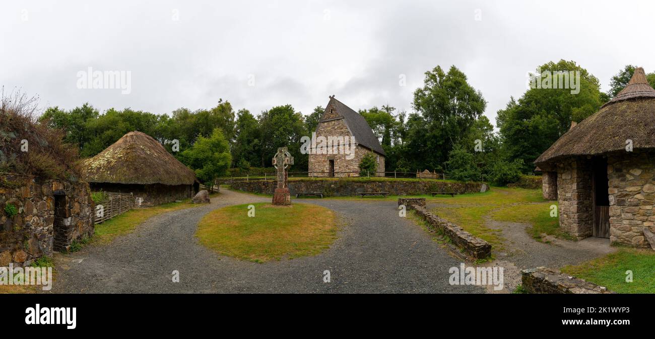 Wexford, Ireland - 18 August, 2022: panorama view of a reconstructed early Christian monastery in the Irish National Heritage Park Stock Photo