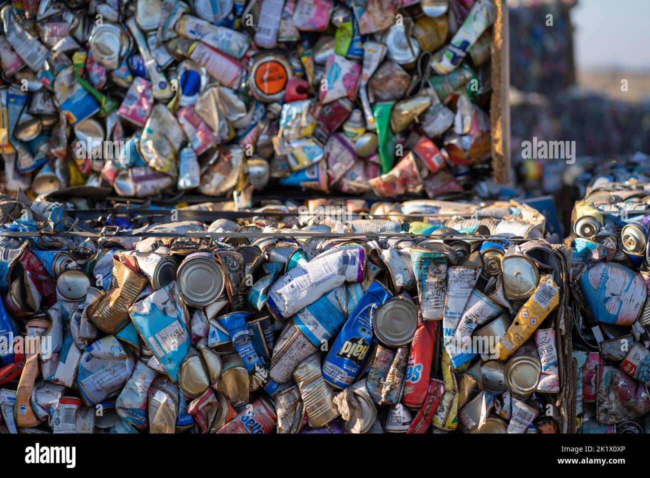 A closeup of packs of compressed aluminum cans for recycling, Argentina ...