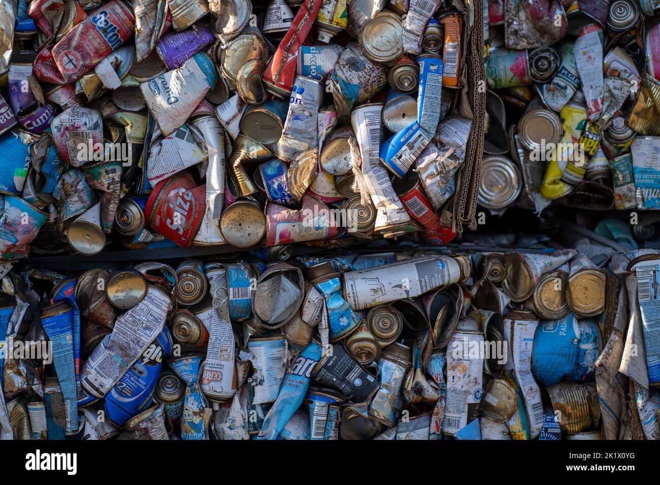 A closeup of packs of compressed aluminum cans for recycling, Argentina