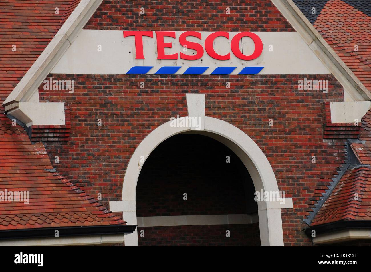 Tesco sign on Dorchester supermarket, Dorset, UK Stock Photo
