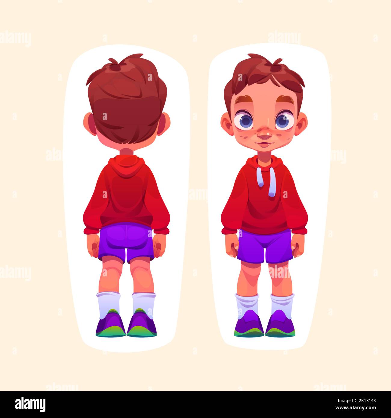 Little boy cartoon character front and rear view. Cute toddler wear red hoodie, purple shorts, white socks and shoes. Funny child with ginger hair, blue eyes and freckles on face Vector illustration Stock Vector