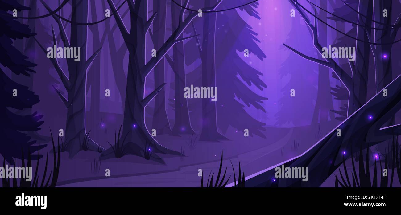 Night forest landscape with trees, road and glowworms shining in