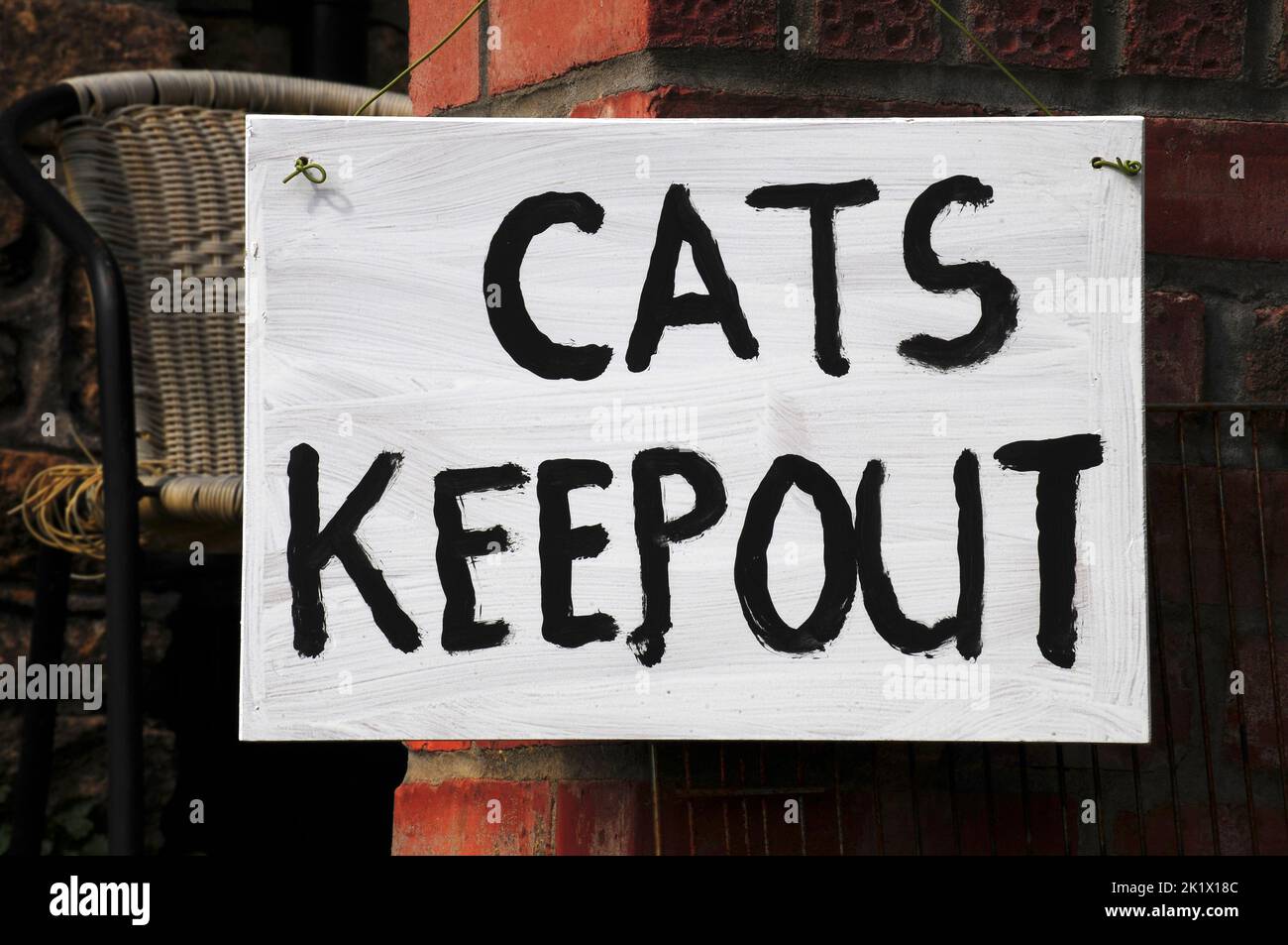 Home-made cats keep out sign on white board Stock Photo