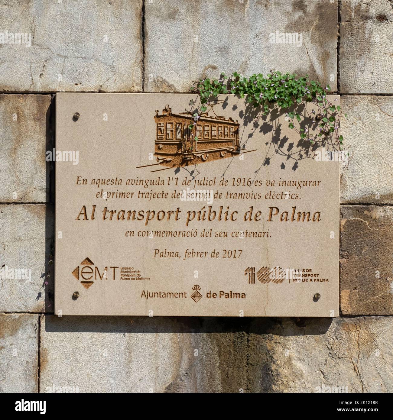 PALMA DE MAJORCA, SPAIN - MAY 23, 2018:  Plaque commemorating the Centenary of inauguration Electric Public Trams. Stock Photo