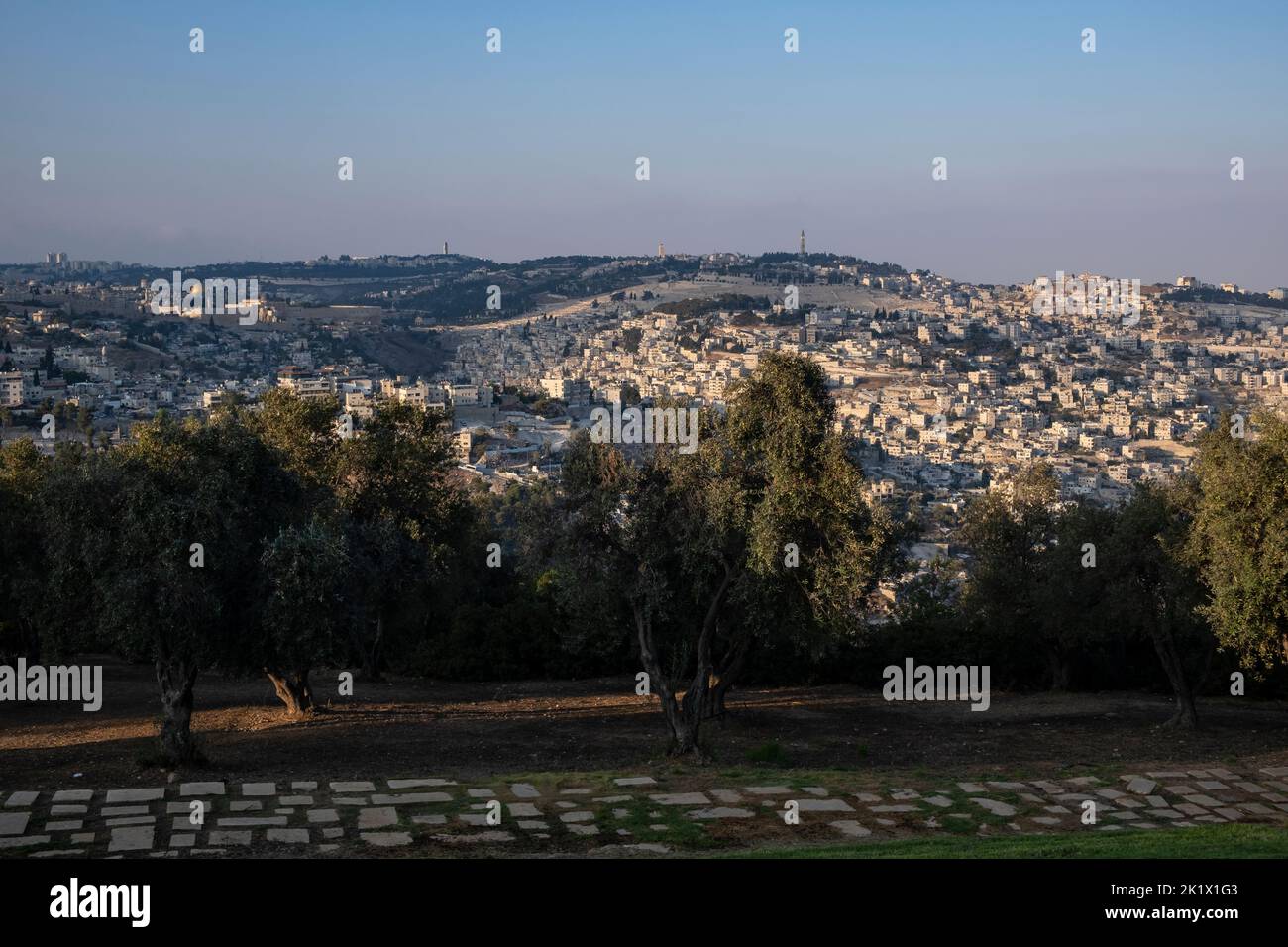 View of East Jerusalem across the Tayelet Haas Promenade in Armon Hanatziv, Jerusalem. Israel Stock Photo
