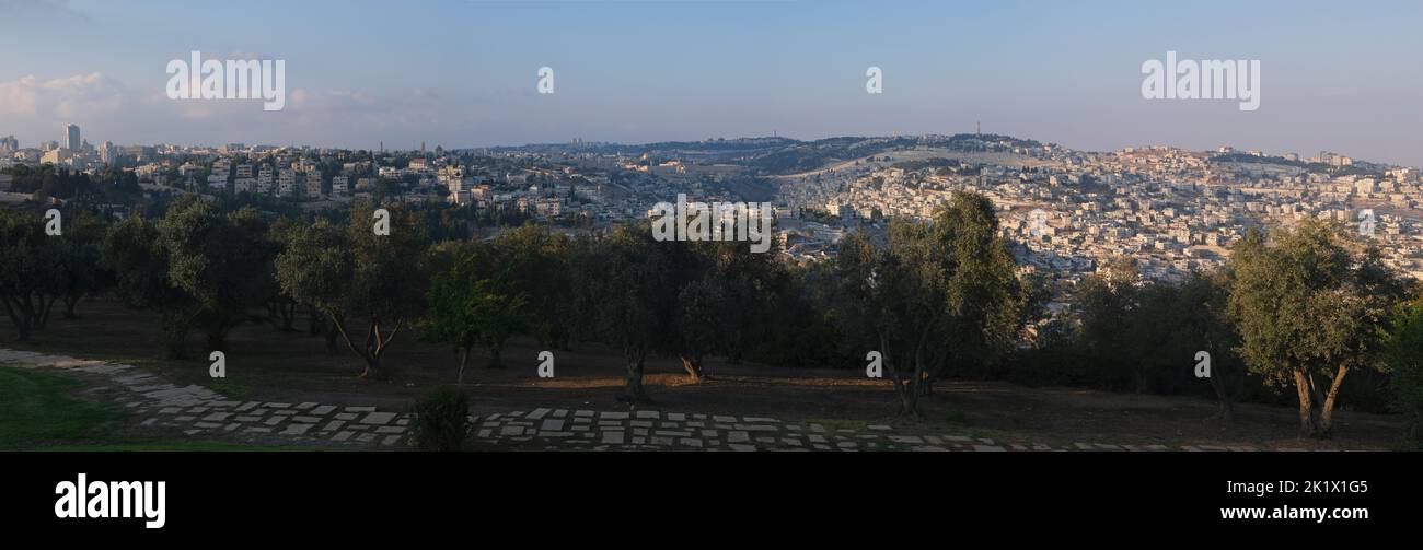 Panoramic view of the skyline of East and West Jerusalem across the Tayelet Haas Promenade in Armon Hanatziv, Jerusalem. Israel Stock Photo