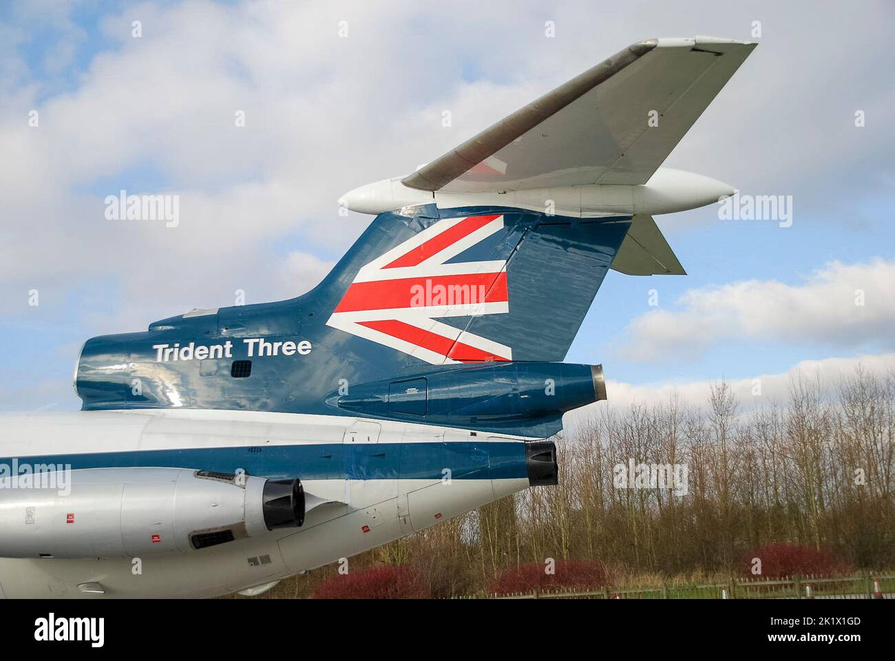 Ex-British European Airways Trident 3B (G-AWZK) preserved at Manchester Airport, United Kingdom, UK Stock Photo