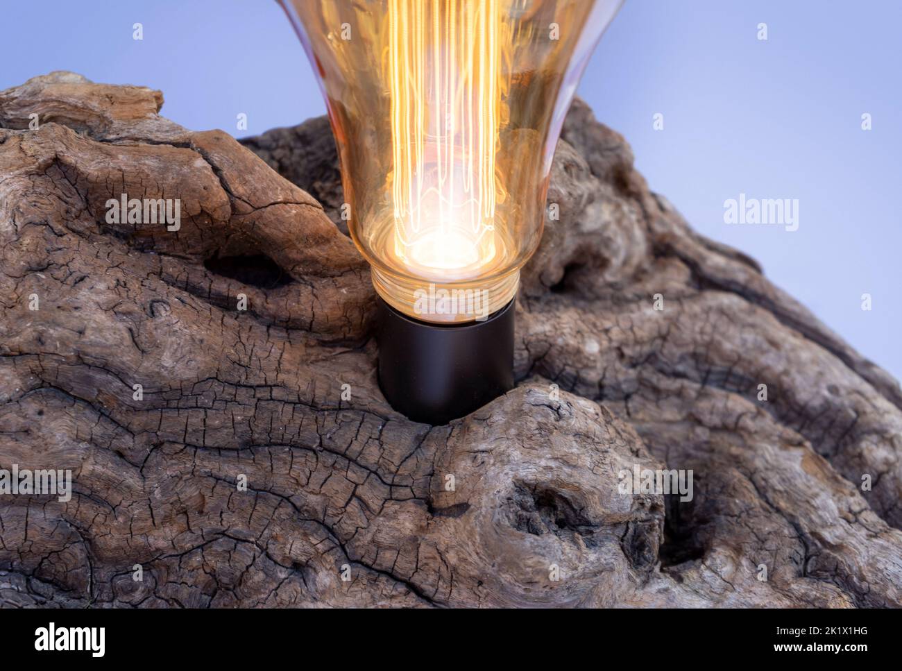 Detail shot of a wooden electric lamp with glowing light bulb Stock Photo