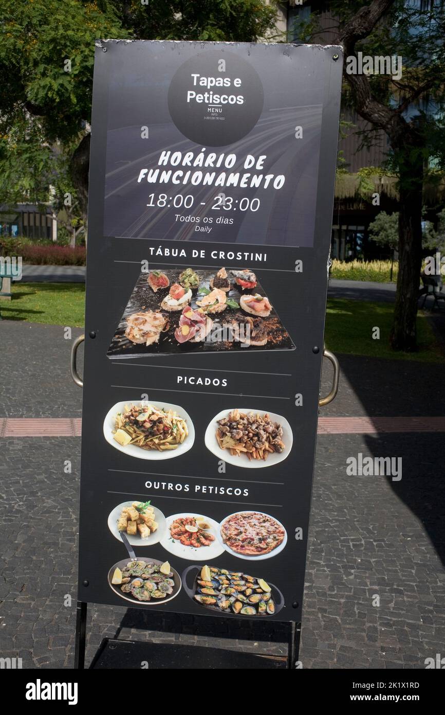 street menu display board of tapas bar in Funchal Madeira Stock Photo