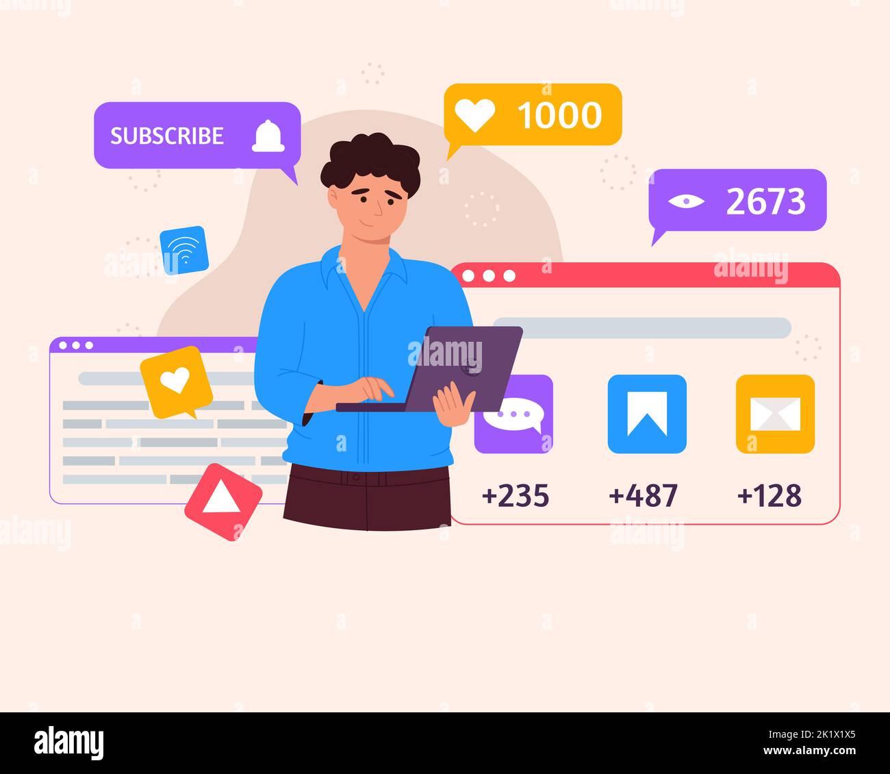 Social media marketing concept with man with laptop and icons of SMM ...