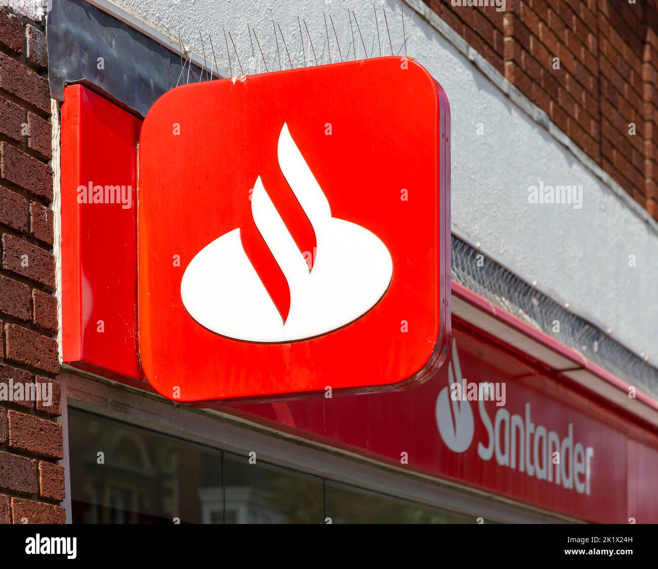 Santander bank logo sign, Felixstowe, Suffolk,  England, UK Stock Photo