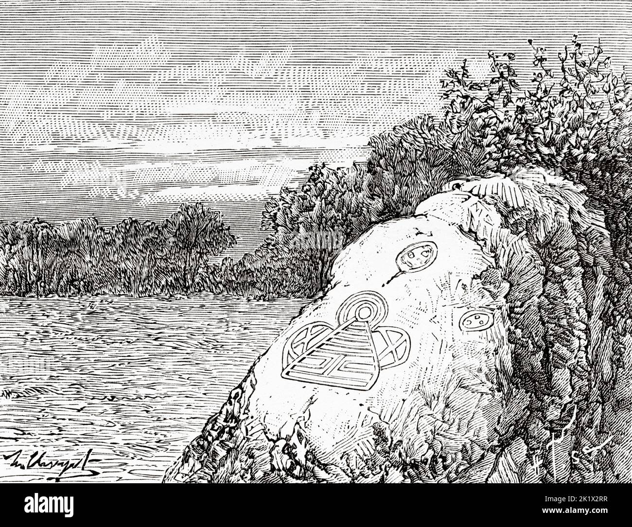 Petrogylph Rock in Layou Petroglyph Park, St. Vincent & The Grenadines. Windward Islands, Central America. Old 19th century engraved illustration from La Nature 1890 Stock Photo
