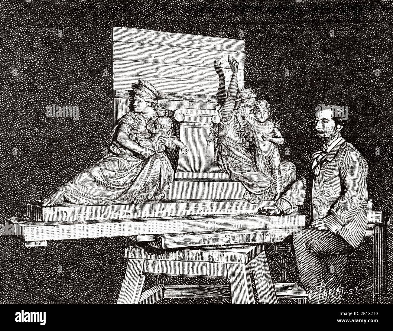 Frédéric Auguste Bartholdi (1834-1904) was a French sculptor and painter who is best known for designing Statue of Liberty. Old 19th century engraved illustration from La Nature 1890 Stock Photo