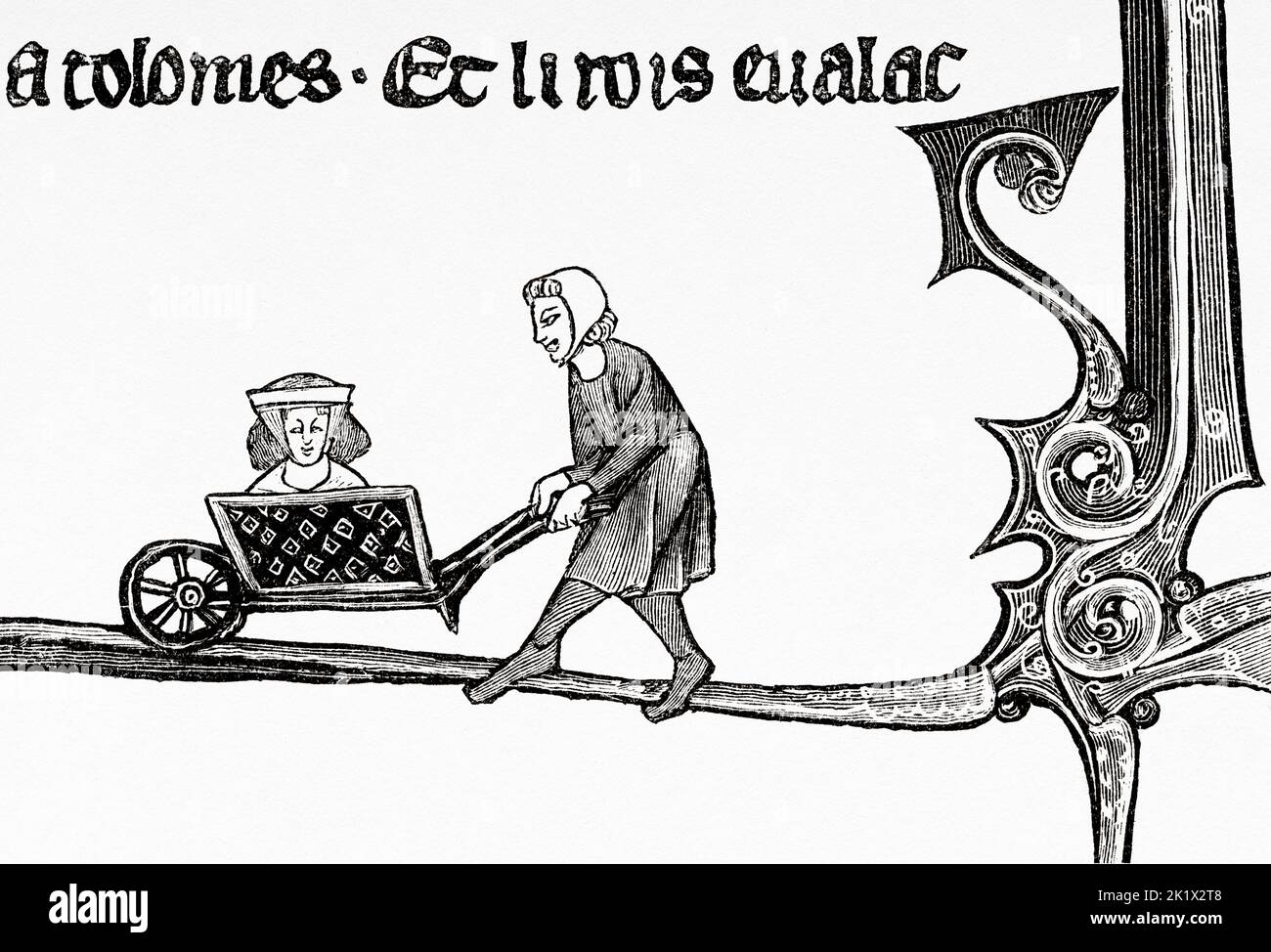 Wheelbarrow appears in a 13th century manuscript. Old 19th century engraved illustration from La Nature 1890 Stock Photo