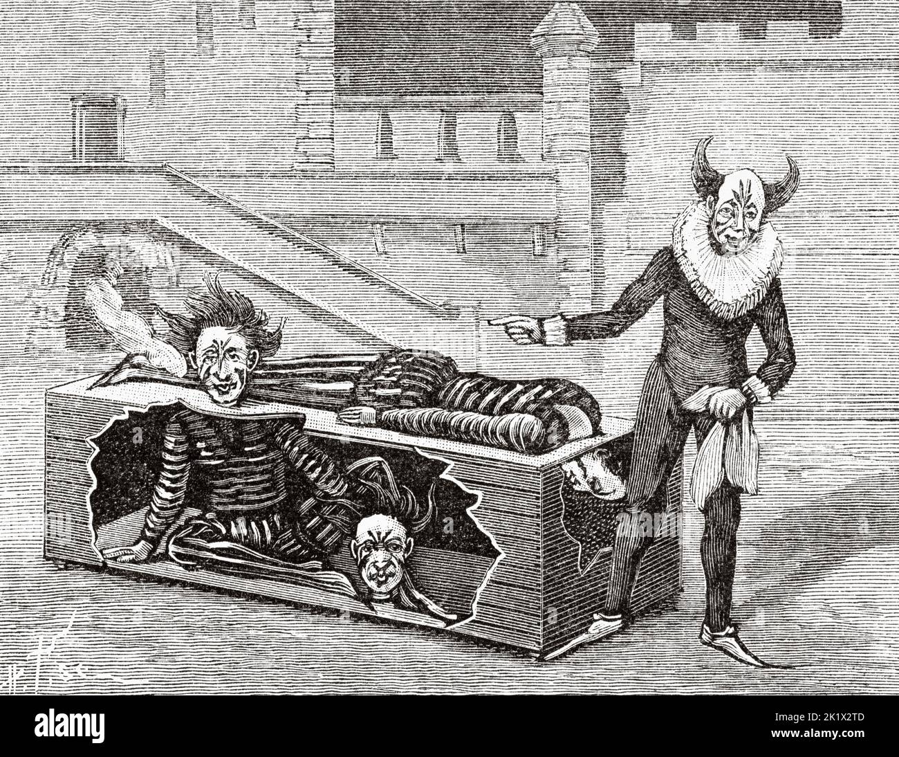 The beheaded man, scene performed by clowns at the Barnum circus in New York, USA. Old 19th century engraved illustration from La Nature 1890 Stock Photo