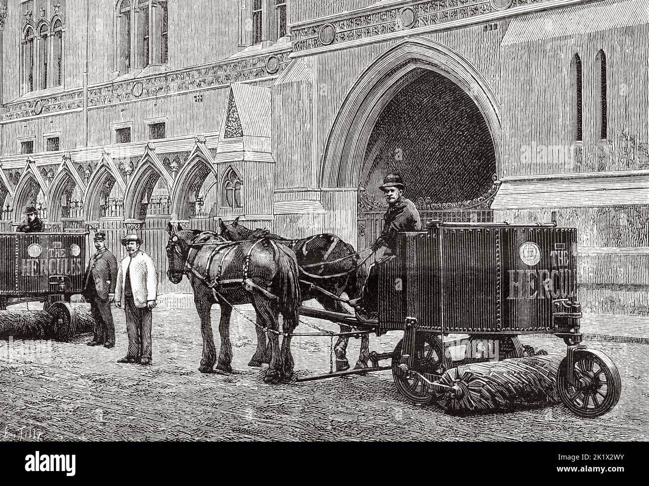 Street cleaning machine for both watering and sweeping in Lisbon, Portugal. Old 19th century engraved illustration from La Nature 1890 Stock Photo