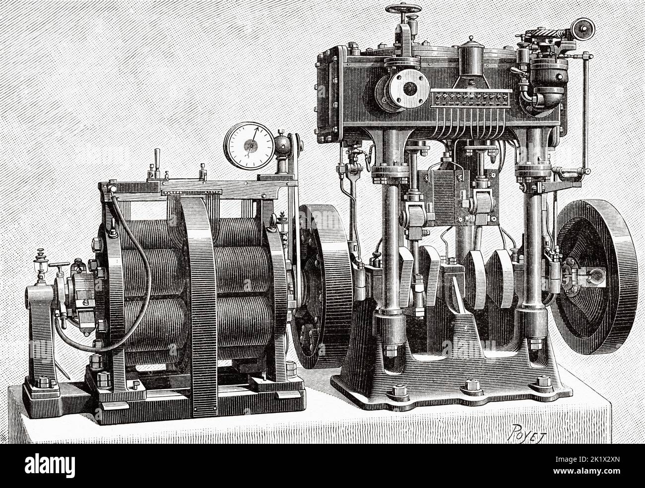 Compound steam engine coupled to a Desroziers dynamo. Old 19th century engraved illustration from La Nature 1890 Stock Photo