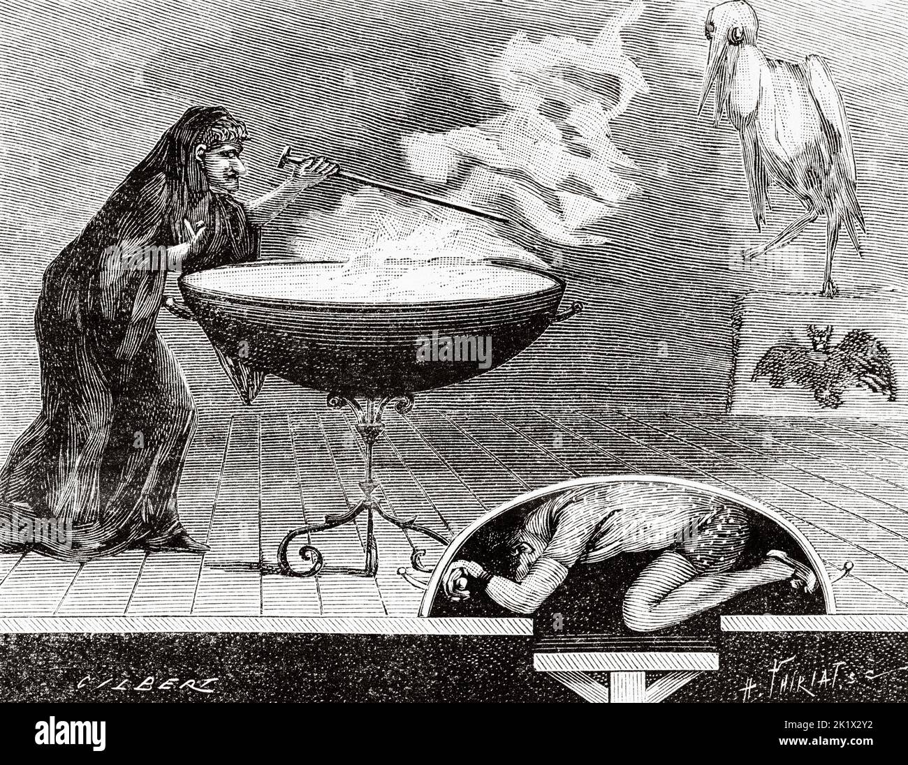 Theater tricks. The magic boat from the Devil's Pills extravaganza at the Chatelet theater in Paris, France. Old 19th century engraved illustration from La Nature 1890 Stock Photo