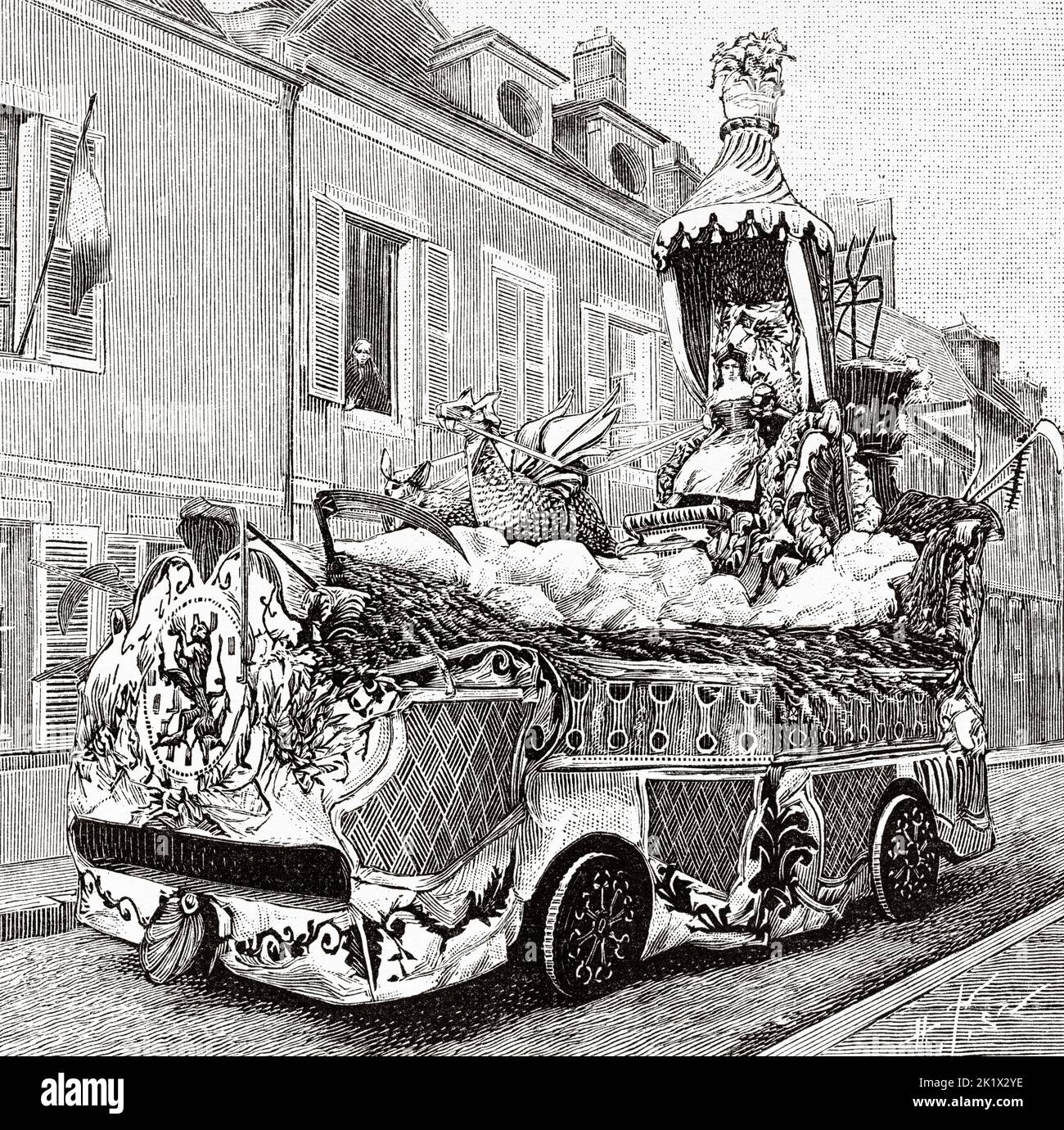 Chariot, procession of the 'Illuminated Festival', of Auxerre tradition on the way to the The Universal Exhibition in Paris 1889, France. Old 19th century engraved illustration from La Nature 1890 Stock Photo