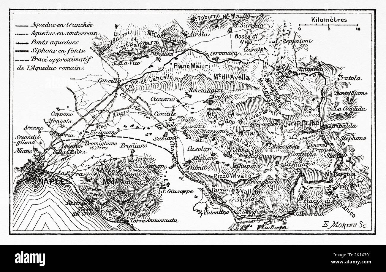 General map of the Serino aqueduct in Naples, Italy. Old 19th century engraved illustration from La Nature 1890 Stock Photo