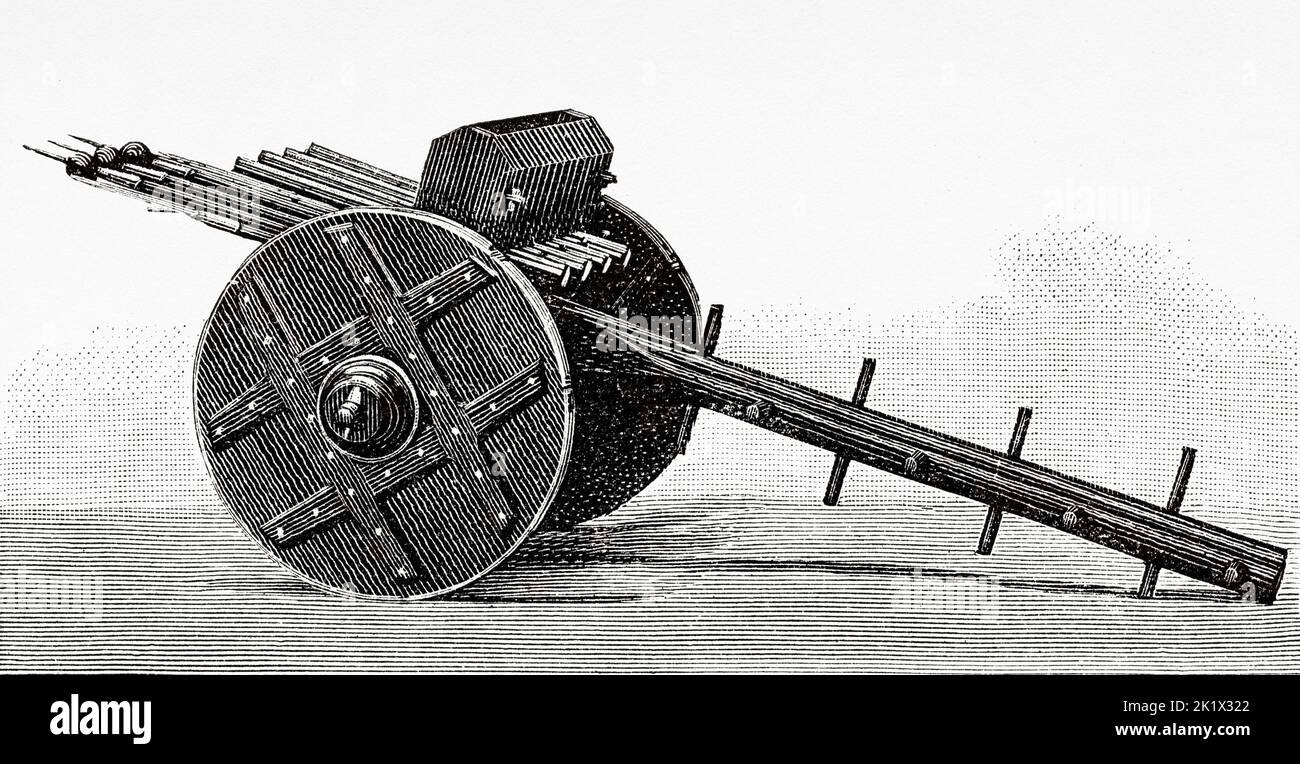 15th century ribauldequín also known as a rabauld, ribault, ribaudkin, infernal machine or organ gun, was a late medieval volley gun with many small-caliber iron barrels set up parallel on a platform. Old 19th century engraved illustration from La Nature 1890 Stock Photo
