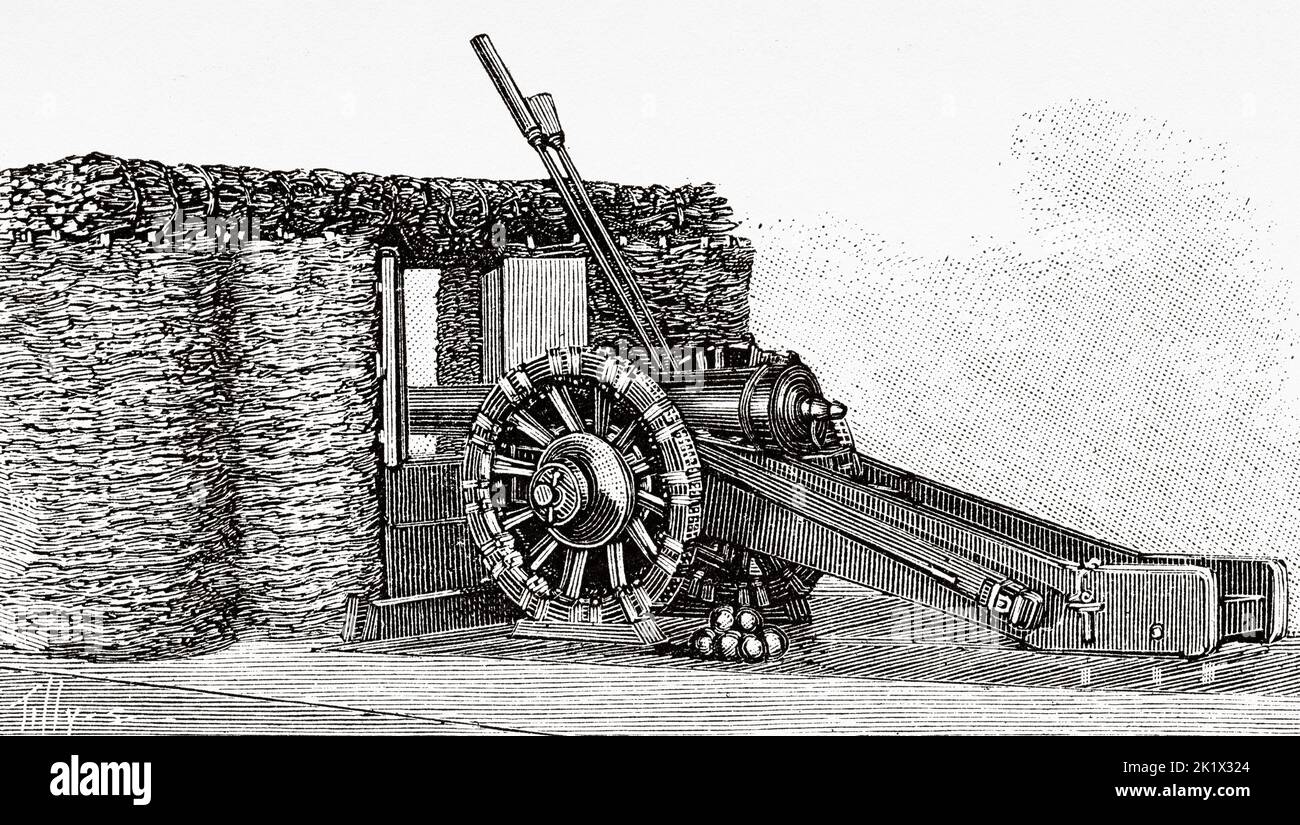 French 33-pounder battering cannon from the time of Henry II, France. Old 19th century engraved illustration from La Nature 1890 Stock Photo