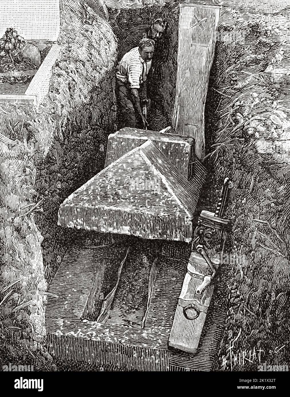 Gallo-Roman burial discovered in the cemetery of Beauvais, France. Old 19th century engraved illustration from La Nature 1890 Stock Photo