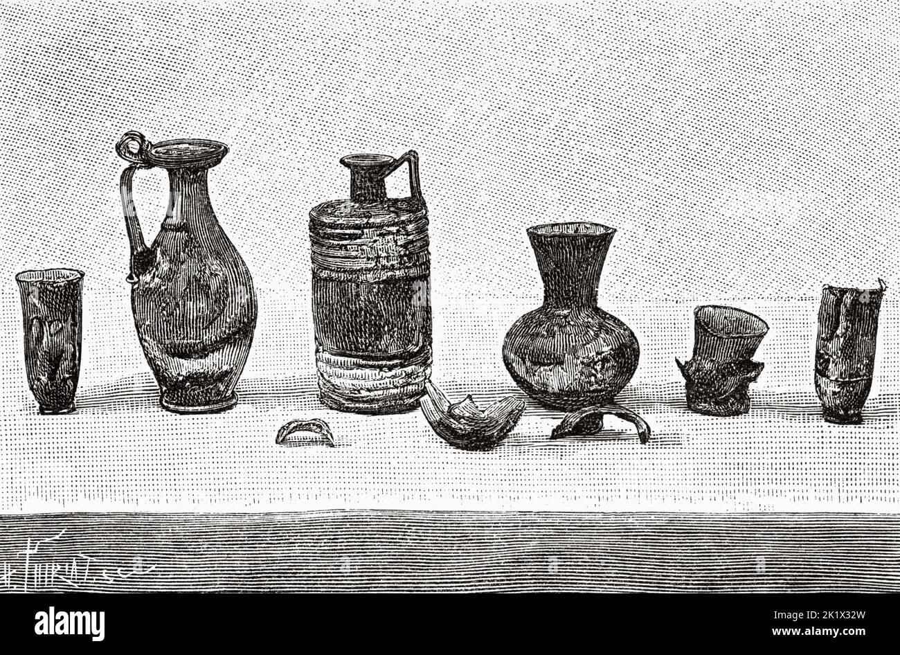 Gallo-Roman burial discovered in the cemetery of Beauvais, glass vases found in the sarcophagus. France. Old 19th century engraved illustration from La Nature 1890 Stock Photo