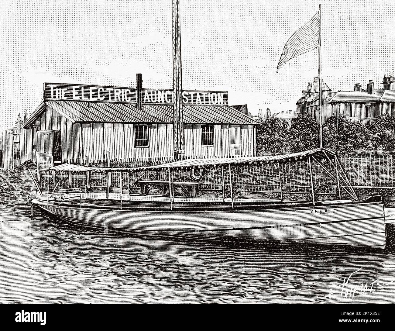 Electric boats, station for charging accumulators at the Edinburgh exhibition. Old 19th century engraved illustration from La Nature 1890 Stock Photo