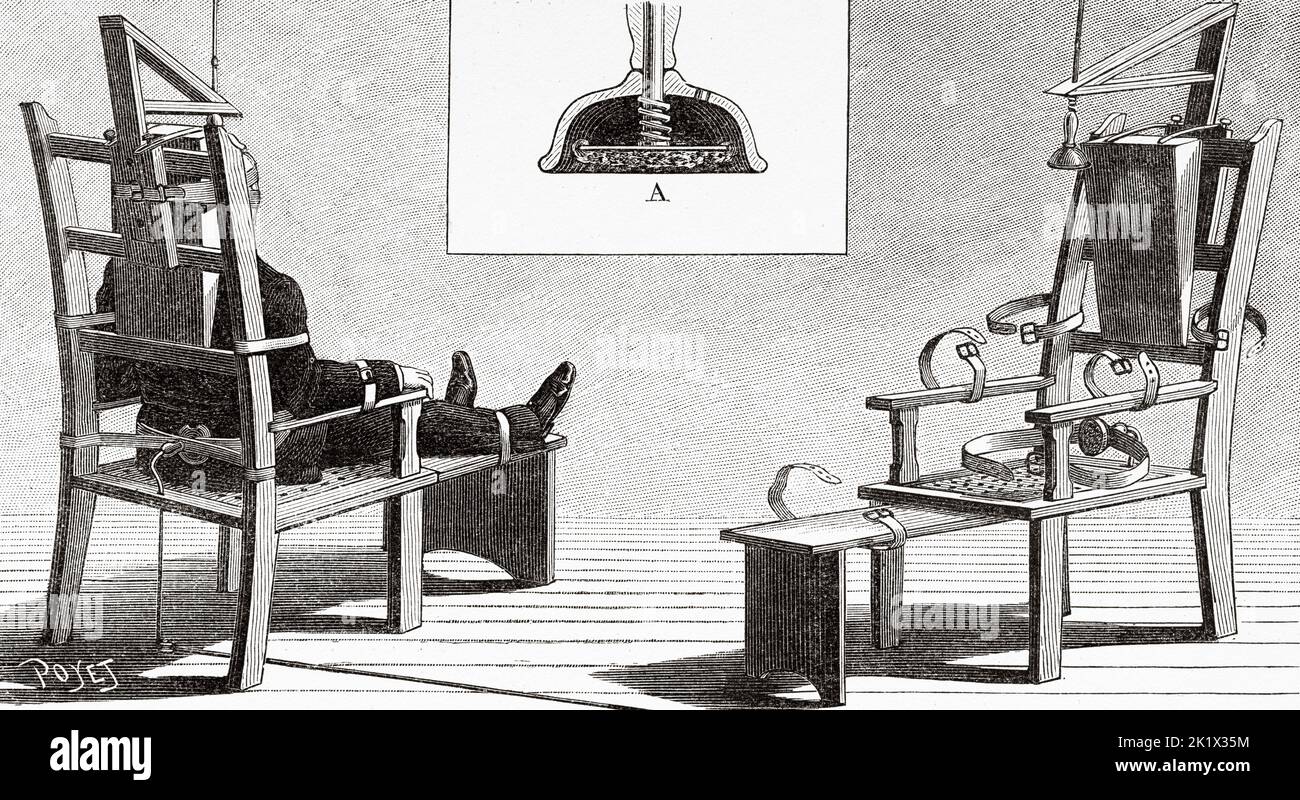 Electric Chair. The first execution of a man sentenced to death by electricity. William Francis Kemmler (1860 – August 6, 1890) was an American peddler, alcoholic and murderer, in 1890 became the first person in the world to be executed by electric chair, USA. Old 19th century engraved illustration from La Nature 1890 Stock Photo