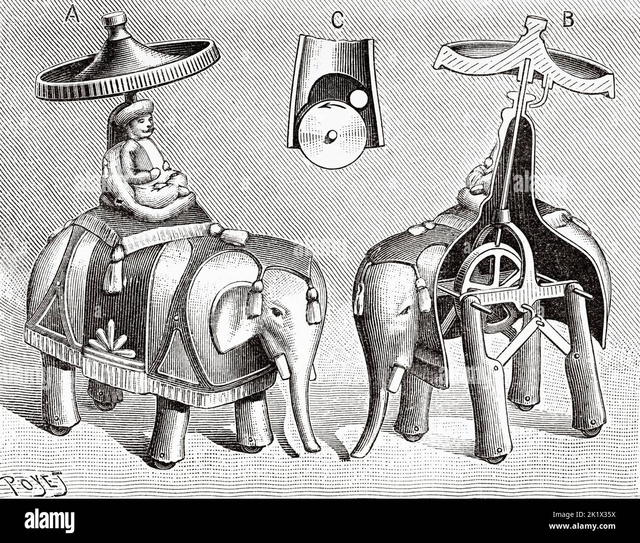 The mechanical elephant of the late 19th century. Old 19th century engraved illustration from La Nature 1890 Stock Photo