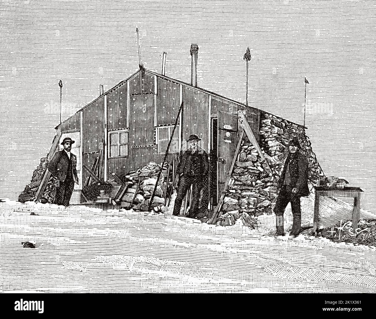 The highest scientific station in the world, the refuge of J Vallot in Mont-Blanc at 4400 meters altitude during its construction. Old 19th century engraved illustration from La Nature 1890 Stock Photo
