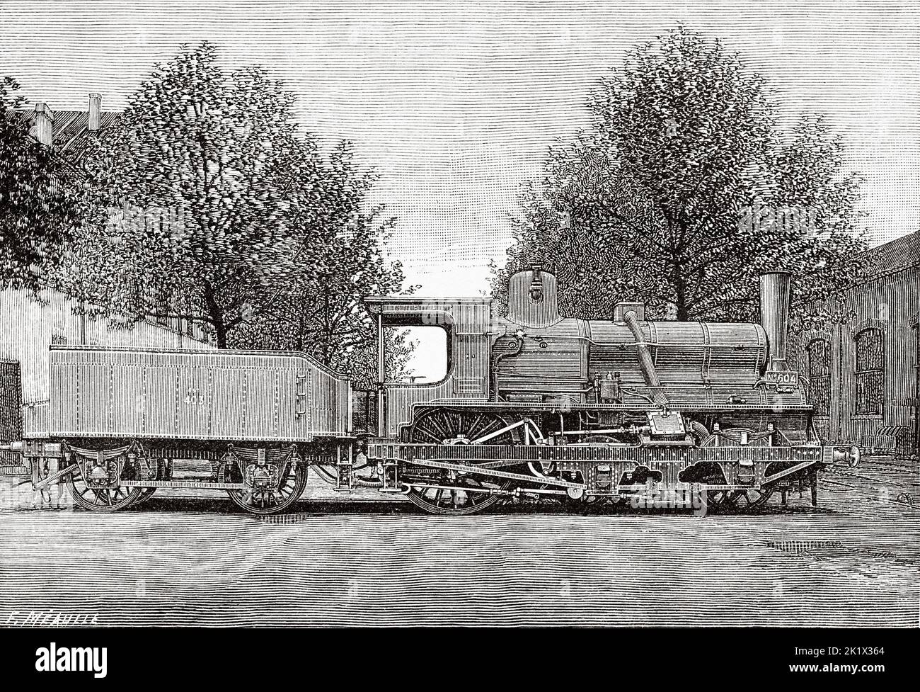 Crampton steam locomotive with Flaman boiler. Old 19th century engraved illustration from La Nature 1890 Stock Photo