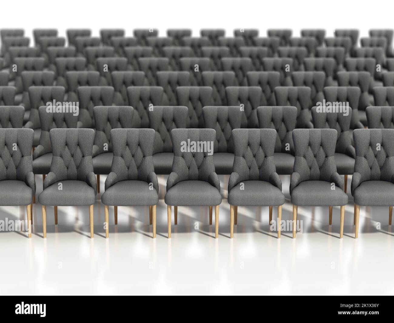 Rows of gray fabric chairs with wooden legs. 3D illustration. Stock Photo