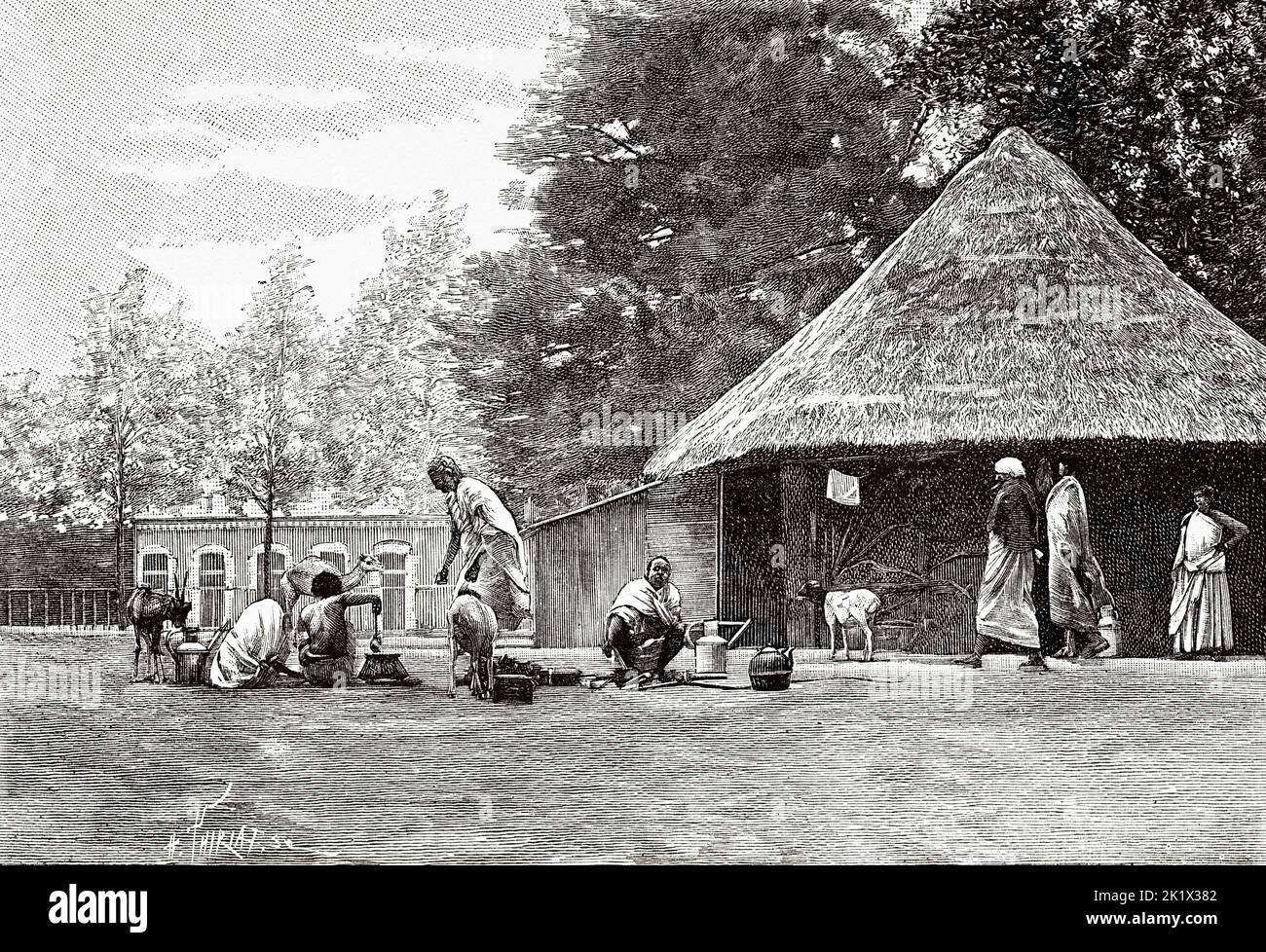 Somali people exposed in the Jardin d'Acclimatation in Paris, France. Old 19th century engraved illustration from La Nature 1890 Stock Photo