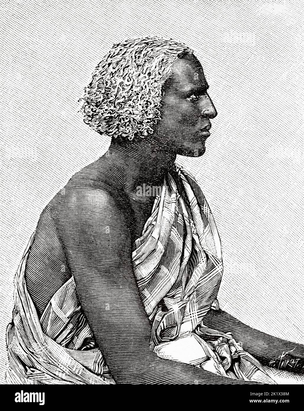 Farrach Aden, 20-year-old Somali people exposed in the Jardin d'Acclimatation in Paris, France. Old 19th century engraved illustration from La Nature 1890 Stock Photo