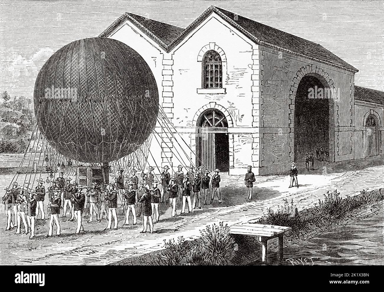 Transport of the captive aerostat of the French Navy to the arsenal of Toulon, France. Old 19th century engraved illustration from La Nature 1890 Stock Photo