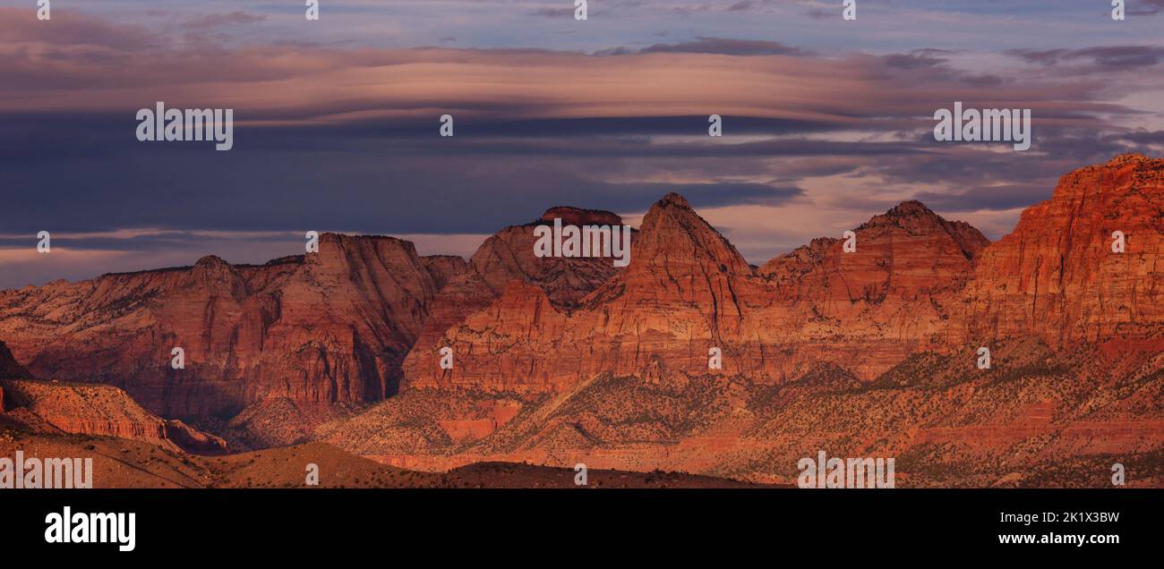 Zion National Park. Beautiful unspiring natural landscapes. Peak in Zion Park at sunset. Stock Photo