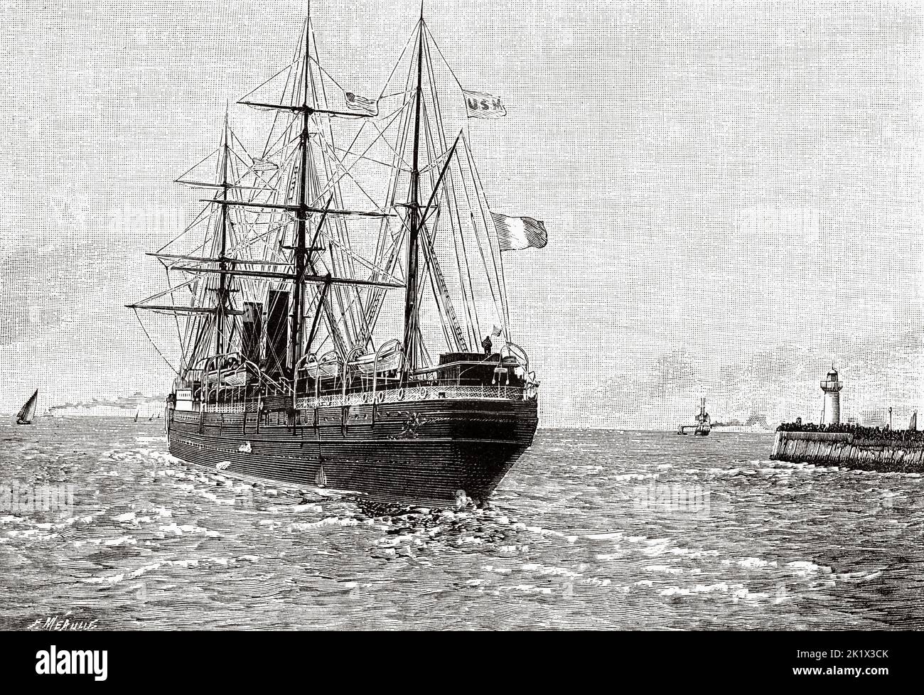 A transatlantic ship leaving the port of Le Havre, France. Old 19th century engraved illustration from La Nature 1890 Stock Photo