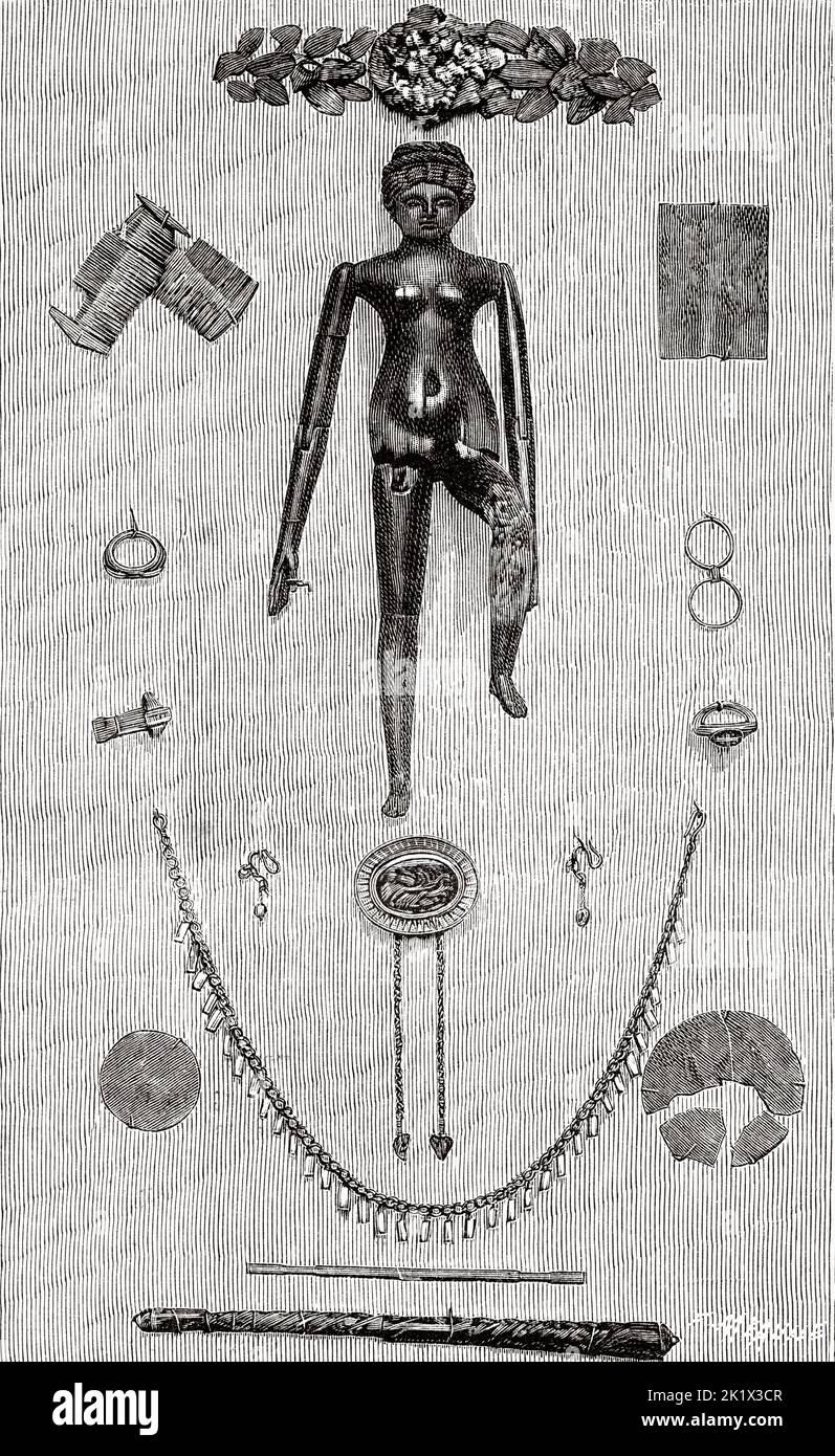 Roman civilization. Articulated doll and ornaments found in the tomb of a Roman in Rome, Italy. Old 19th century engraved illustration from La Nature 1890 Stock Photo